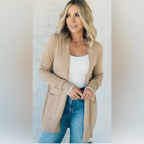 COPY - Cream Long Cardigan Sweater with V-neck and Relaxed Fit - Picture 1 of 5